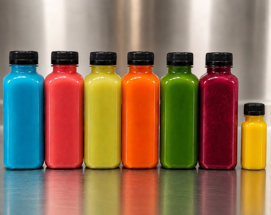 A row of Root Reset cold-pressed juices in every color