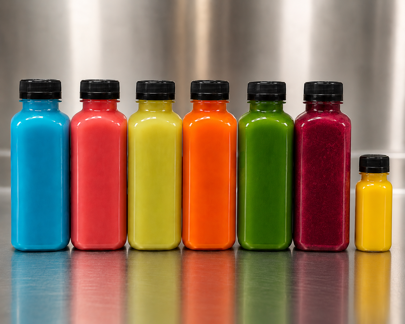 Row of Root Reset cold-pressed juice bottles in blue, red, yellow, orange, green, and beet colors